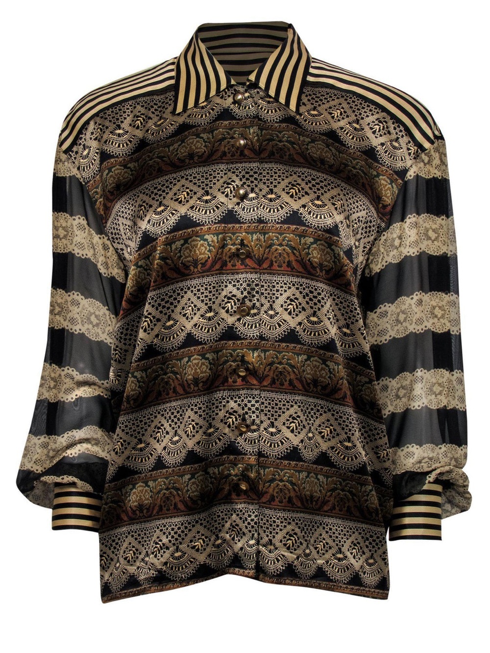 Escada Silk Black and Gold Striped Lace-Pattern Button Down Shirt